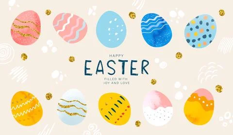 Set of Easter decorated eggs. Happy Easter banner with handwritten inscription Stock Illustration