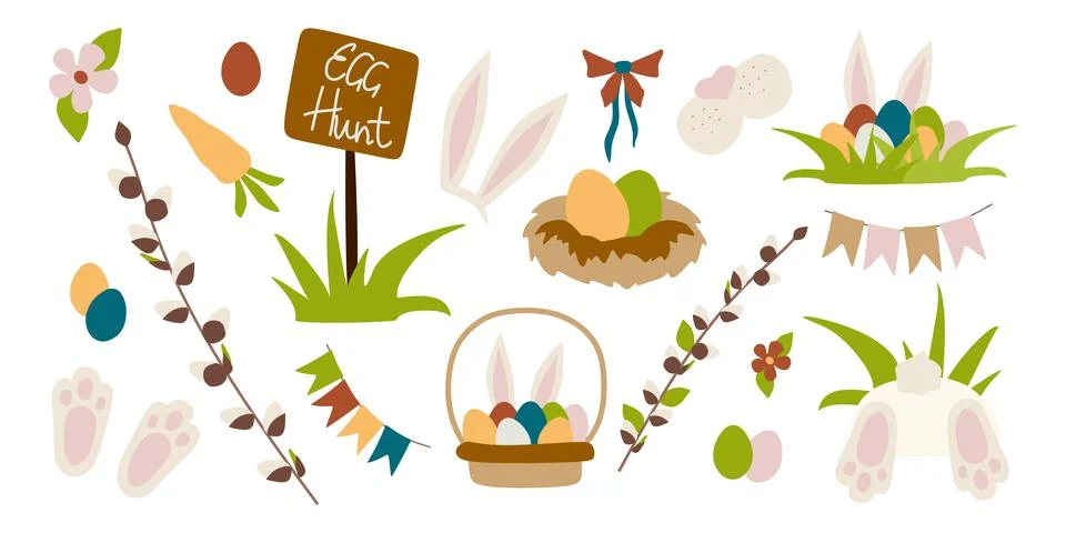 Set of Easter design elements. Eggs, Rabbit, Bunny, Willow, Branches, Baske.. Stock Illustration