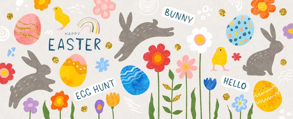 Set of Easter design elements.Collection of cute eggs,hares,flowers,chickens 库存插图