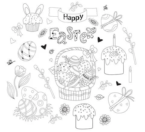 Set of Easter doodles - basket with Easter eggs, cupcake, Easter bunny, flowers  스톡 일러스트