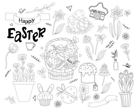 Set of Easter doodles - basket with eggs, cupcake, Easter cakes, Easter bunny, f Illustrazione stock