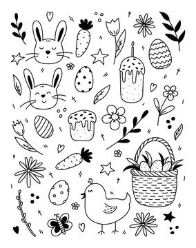Set of Easter doodles with bunnies and a chick, egg, Easter cakes and flowers 스톡 일러스트