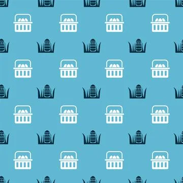 Set Easter egg and Basket with easter eggs on seamless pattern. Vector Stock Illustration