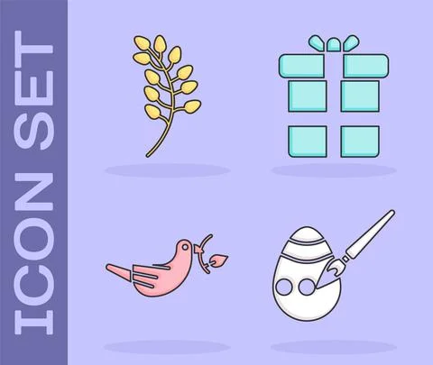 Set Easter egg and paint brush, Willow leaf, Peace dove with olive branch and Stock Illustration