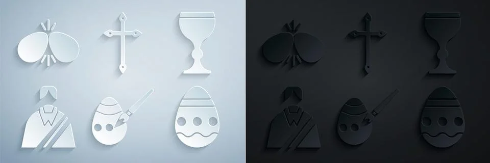 Set Easter egg and paint brush, Wine glass, Jesus Christ, Christian cross and Stock Illustration
