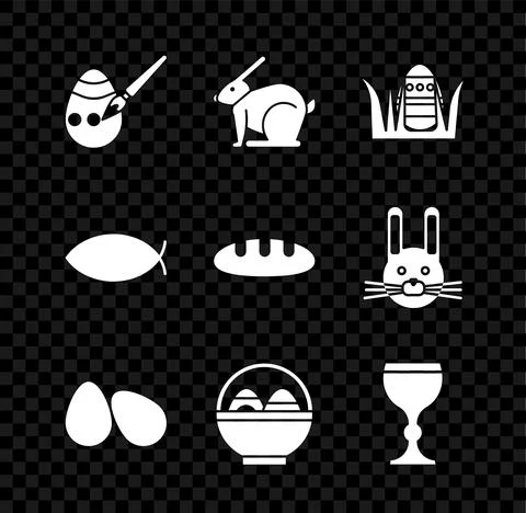Set Easter egg and paint brush, rabbit, eggs, Basket with easter, Wine glass Stock Illustration