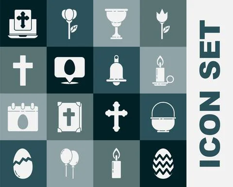 Set Easter egg, Basket, Burning candle in candlestick, Christian chalice, Speech Stock Illustration