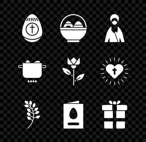 Set Easter egg, Basket with easter eggs, Jesus Christ, Willow leaf, Greeting  Stock Illustration
