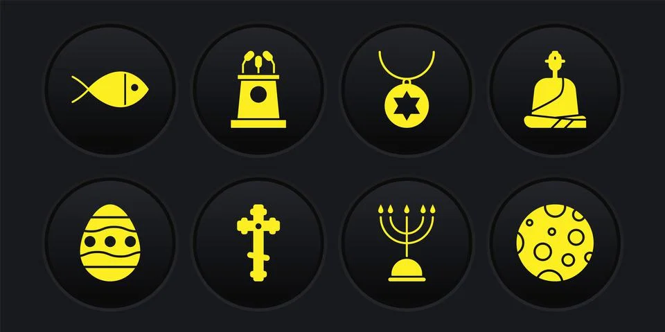 Set Easter egg, Buddhist monk, Christian cross, Hanukkah menorah, Star of David Stock Illustration