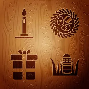 Set Easter egg, Burning candle in candlestick, Gift box and Easter egg in a.. Illustrazione stock