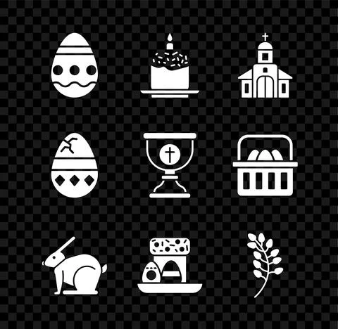 Set Easter egg, cake and candle, Church building, rabbit, eggs, Willow leaf Ilustración de archivo