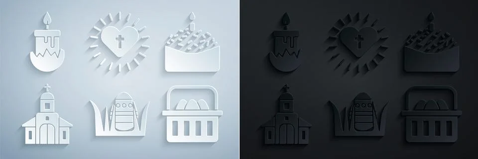 Set Easter egg, cake and candle, Church building, Basket with easter eggs Ilustración de archivo
