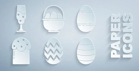 Set Easter egg, cake, Basket with easter eggs and Wine glass icon. Vector Illustrazione stock