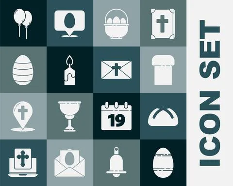 Set Easter egg, cake, Basket with easter eggs, Burning candle, Balloons ribbon Stock Illustration