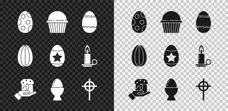 Set Easter egg, cake, Human hand and easter, on stand, Christian cross, and icon Illustrazione stock