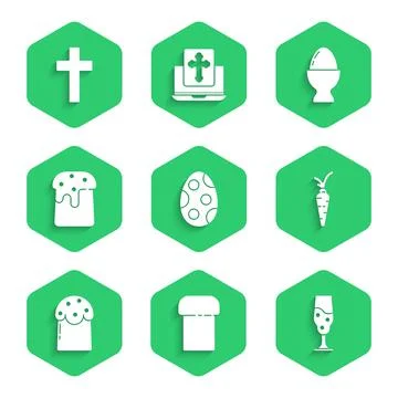 Set Easter egg, cake, Wine glass, Carrot, on stand and Christian cross icon Stock Illustration