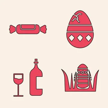 Set Easter egg, Candy, Cracked egg and Wine bottle with glass icon. Vector Stock Illustration