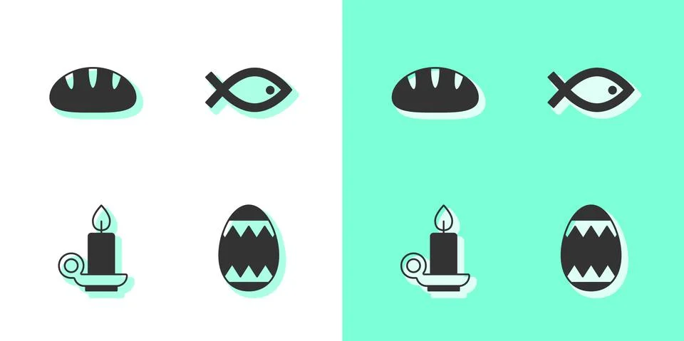 Set Easter egg, Christian bread, Burning candle in candlestick and fish symbol 스톡 일러스트