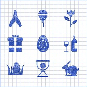 Set Easter egg, Christian chalice, rabbit, Wine bottle with glass, Gift box 스톡 일러스트