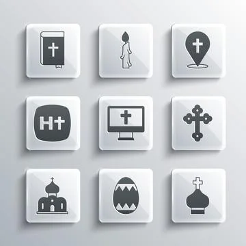 Set Easter egg, Christian church tower, cross, on monitor, Church building,.. Ilustración de archivo