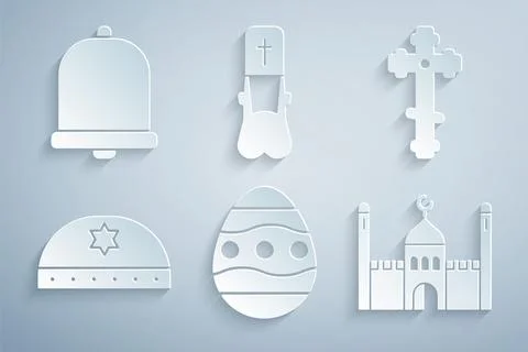 Set Easter egg, Christian cross, Jewish kippah with star of david, Muslim Mosque Stock Illustration
