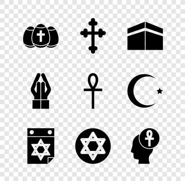 Set Easter egg, Christian cross, Kaaba mosque, Jewish calendar, Star of David Stock Illustration