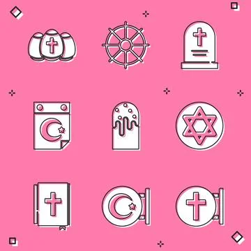 Set Easter egg, Dharma wheel, Tombstone with cross, Star and crescent, cake, of Stock Illustration