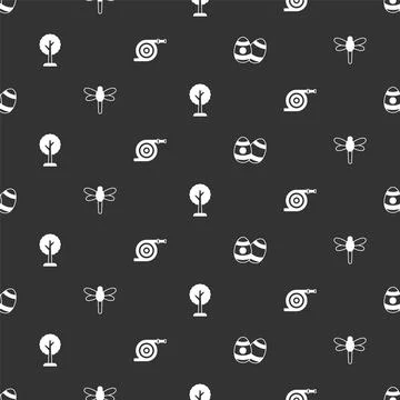 Set Easter egg, Dragonfly, Forest and Garden hose on seamless pattern. Vector Stock Illustration