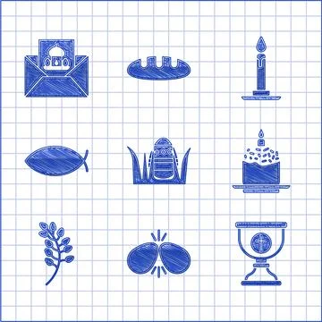Set Easter egg, eggs, Christian chalice, cake and candle, Willow leaf, fish.. Illustrazione stock