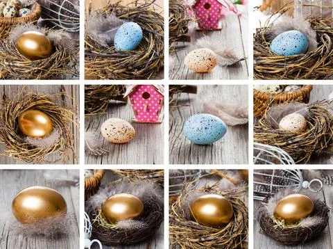 Set of easter egg, Golden in nest on vintage wooden background Stock Photos