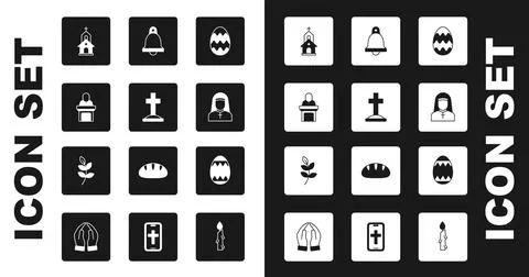 Set Easter egg, Grave with cross, Church pastor preaching, building, Nun, b.. Stock Illustration