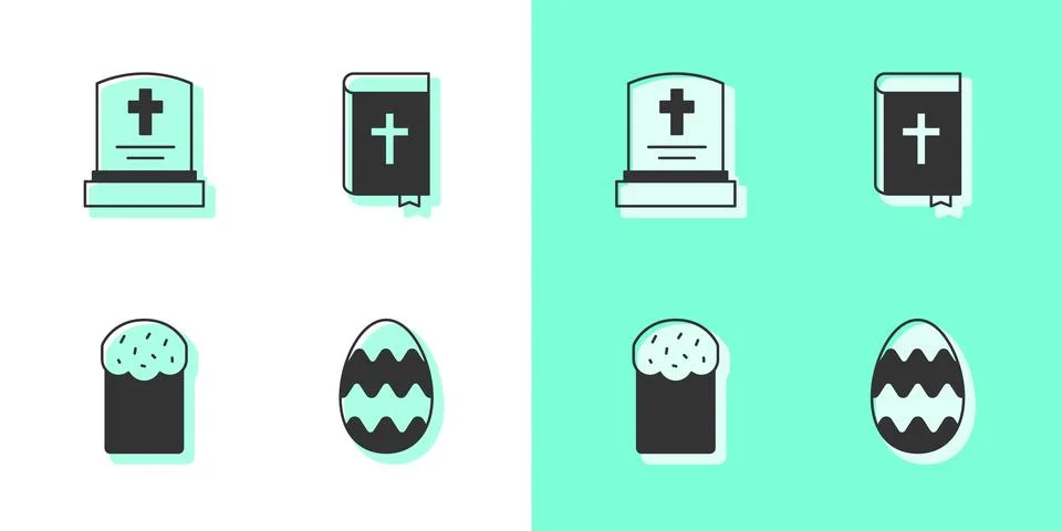 Set Easter egg, Grave with tombstone, cake and Holy bible book icon. Vector イラスト素材