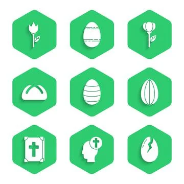 Set Easter egg, Human head with christian cross, Broken, Holy bible book, cake Stock Illustration