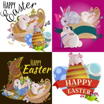 Set of easter egg hunt funny bunny with basket decorated flowers, cute rabbit Stock Illustration