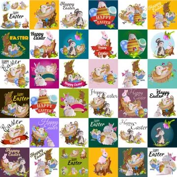 Set of easter egg hunt funny bunny with basket decorated flowers, cute rabbit Stock Illustration