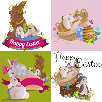 Set of easter egg hunt funny bunny with basket decorated flowers, cute rabbit Stock Illustration