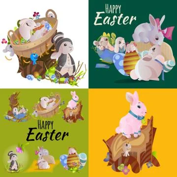 Set of easter egg hunt funny bunny with basket decorated flowers, cute rabbit Stock Illustration