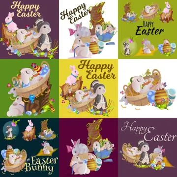 Set of easter egg hunt funny bunny with basket decorated flowers, cute rabbit Stock Illustration