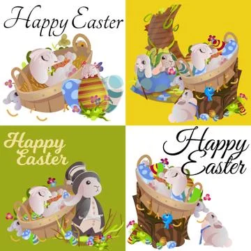 Set of easter egg hunt funny bunny with basket decorated flowers, cute rabbit Stock Illustration