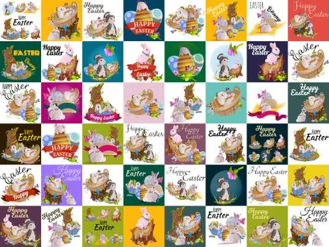 Set of easter egg hunt funny bunny with basket decorated flowers, cute rabbit Stock Illustration