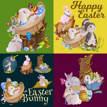 Set of easter egg hunt funny bunny with basket decorated flowers, cute rabbit Stock Illustration