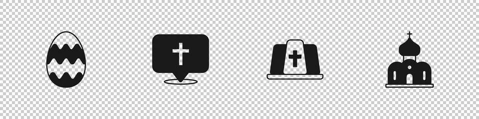 Set Easter egg, Location church building, Pope hat and Church icon. Vector Stock Illustration