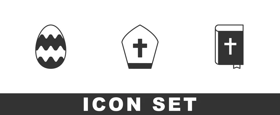 Set Easter egg, Pope hat and Holy bible book icon. Vector Illustrazione stock
