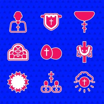 Set Easter egg, Priest, Religious cross in circle, Christian, Crown of thorns Stock Illustration