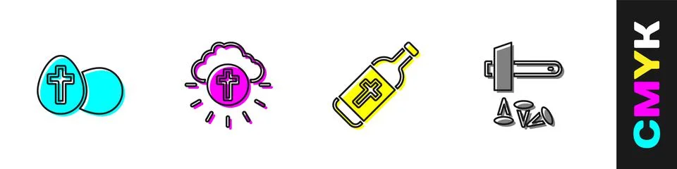 Set Easter egg, Religious cross in circle, Holy water bottle and Crucifixion of Stock Illustration