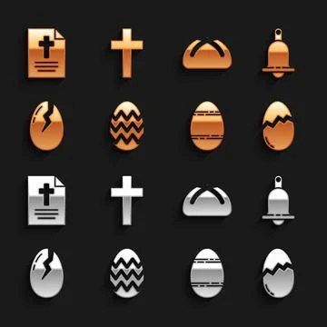 Set Easter egg, Ringing bell, Broken, cake, Greeting card with Happy and Stock Illustration