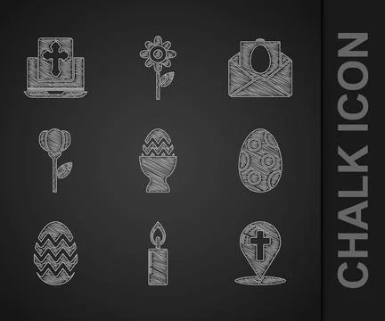 Set Easter egg on a stand, Burning candle, Map pointer with christian cross.. Stock Illustration