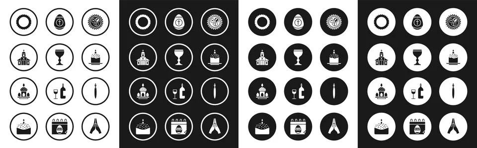 Set Easter egg in a wicker nest, Wine glass, Church building, Sun, cake and Ilustración de archivo