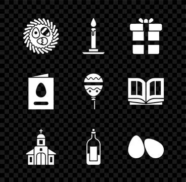 Set Easter egg in a wicker nest, Burning candle candlestick, Gift box, Chur.. 스톡 일러스트