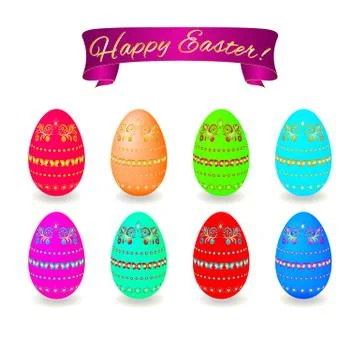Set easter eggs with butterfly ornament ribbon banner Stock Illustration